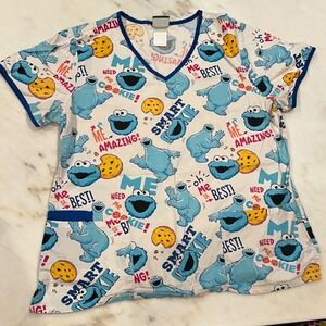 Sesame Street Cookie‎ Monster Print Scrub Top Nurse Medical Uniform
